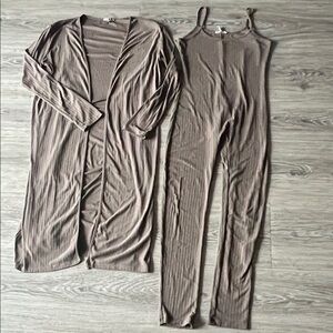 Pinkblush Maternity Taupe Ribbed Duster and Jumpsuit Set